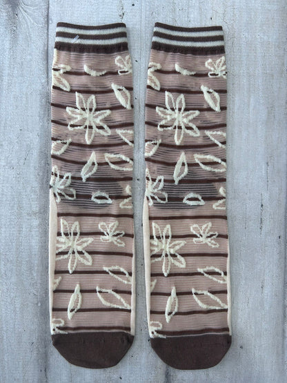 Calzini trasparenti a righe con fiori ricamati beige