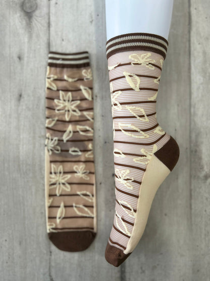 Calzini trasparenti a righe con fiori ricamati beige